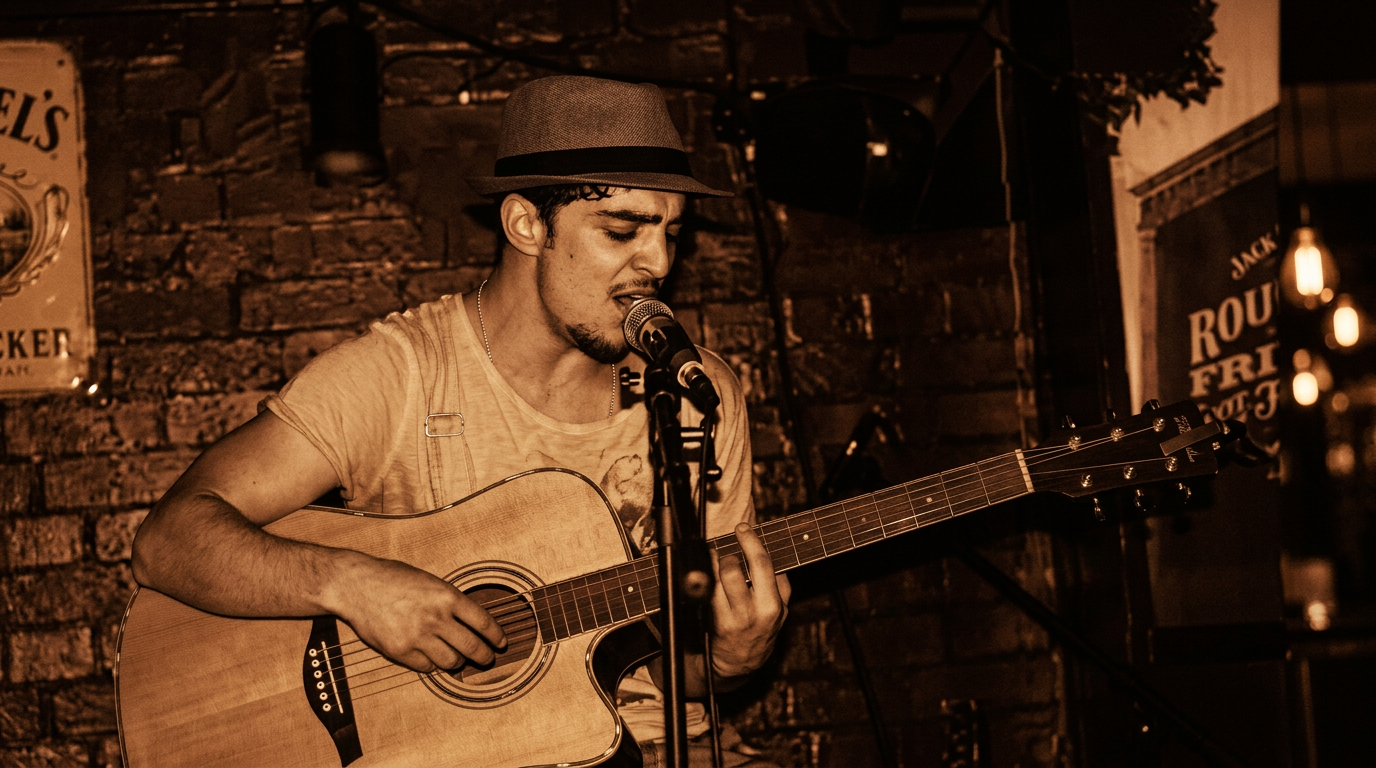 Carl Martin performing live — acoustic guitar, hat, warm stage light